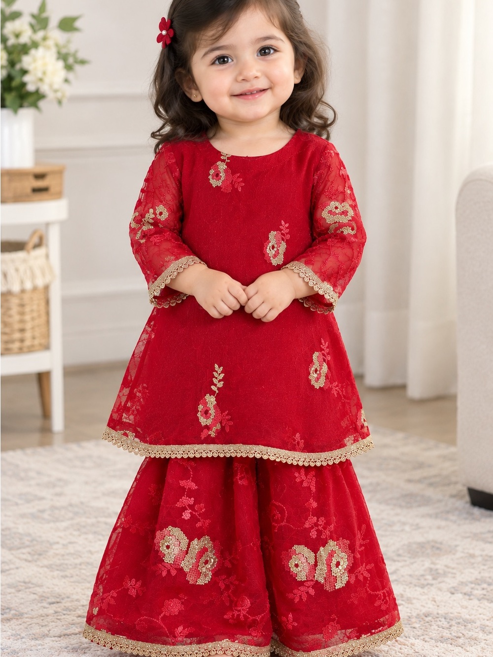Red Lace Embroidered Girls gharara Set